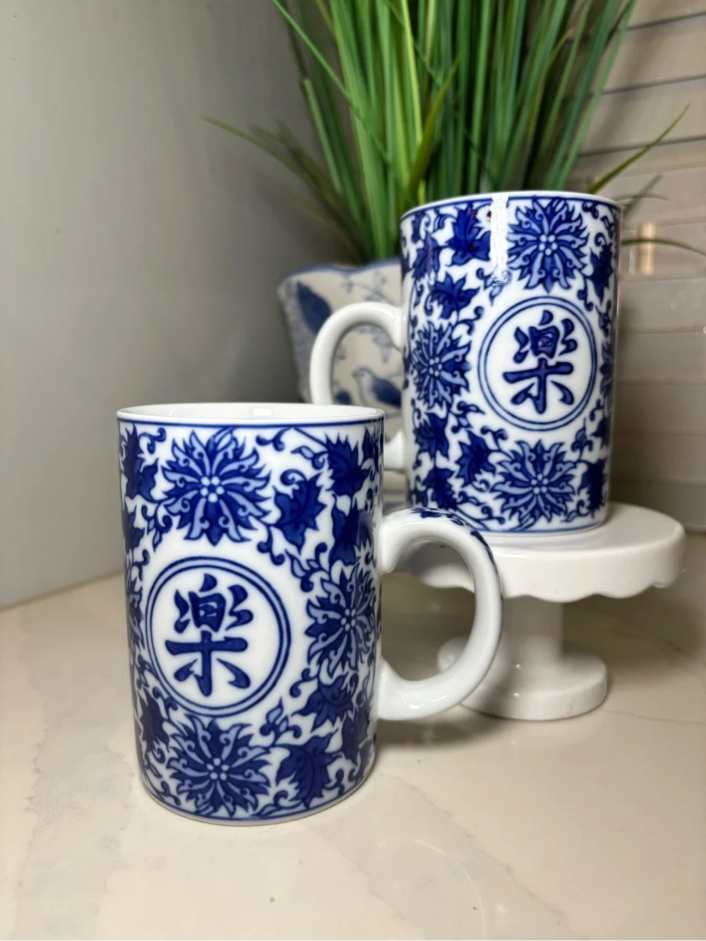 Pier 1 Imports Blue and White Porcelain Happiness Mugs – Elegant Chinoiserie Cup